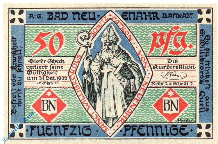 Notgeld Bad Neuenahr , 50 Pfennig Schein , Reihe 2 Scheck 2 , Mehl Grabowski 938.2 , von 1922 , Rheinland Seriennotgeld