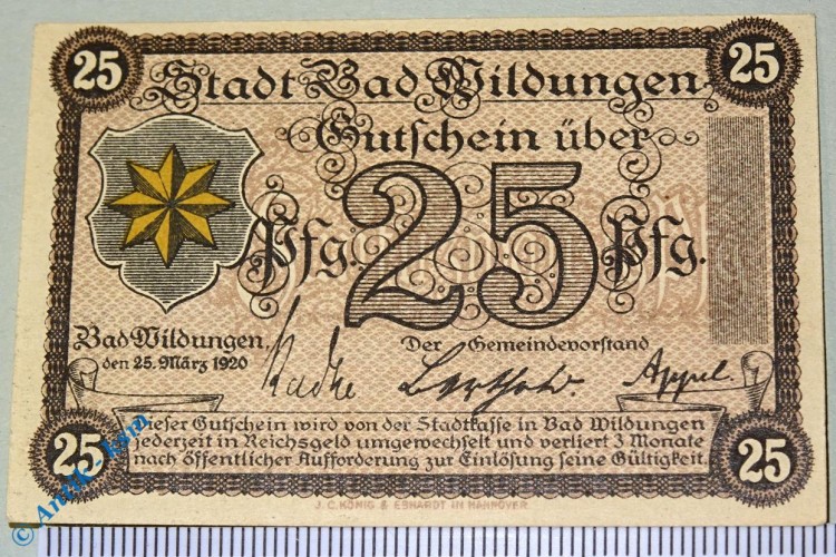 Notgeld Bad Wildungen , 25 Pfennig Musterschein Ohne Kennummer , Tieste 7935.05.21.M , Hessen Verkehrsausgabe