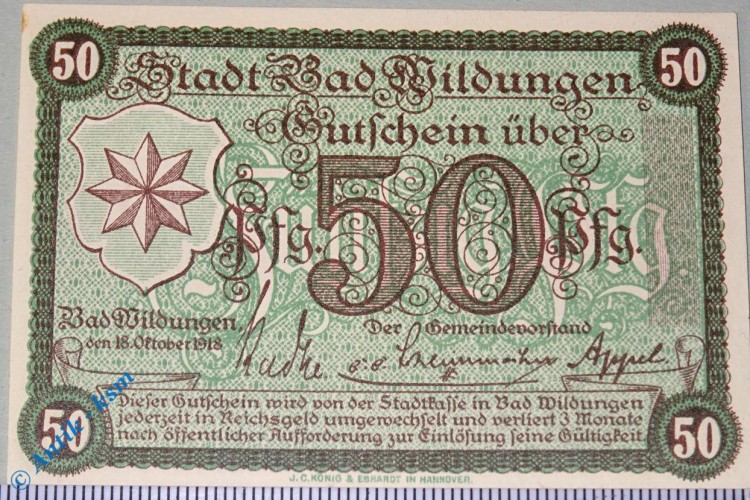 Notgeld Bad Wildungen , 50 Pfennig grün , Musterschein Ohne Kennummer , Tieste 7935.05.01.M , Hessen Verkehrsausgabe