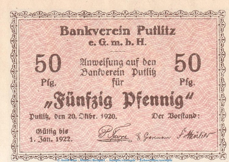 Notgeld Bankverein Putlitz , 50 Pfennig Schein in kfr. Tieste 5815.05.02 von 1920 , Brandenburg Verkehrsausgabe