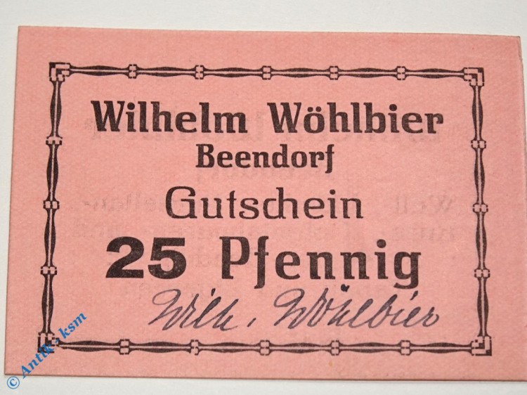 Notgeld Beendorf , 25 Pfennig Schein , Wöhlbier , Tieste 0375.10.02 b , Niedersachsen Verkehrsausgabe