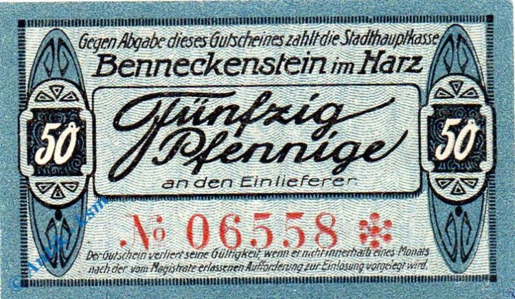 Notgeld Benneckenstein , 50 Pfennig Schein , Tieste 0405.05.03 , von 1919 , Sachsen Verkehrsausgabe