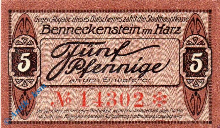 Notgeld Benneckenstein , 5 Pfennig Schein , Tieste 0405.05.01 , von 1919 , Sachsen Verkehrsausgabe