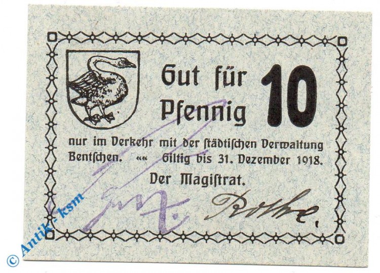 Notgeld Bentschen , 10 Pfennig Schein - 31.12.1918 , Tieste 0420.05.10 , Posen Verkehrsausgabe
