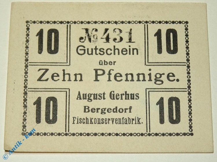 Notgeld Bergedorf , Gerhus , 10 Pfennig Schein , Tieste 0440.25.02.B , Hamburg Verkehrsausgabe