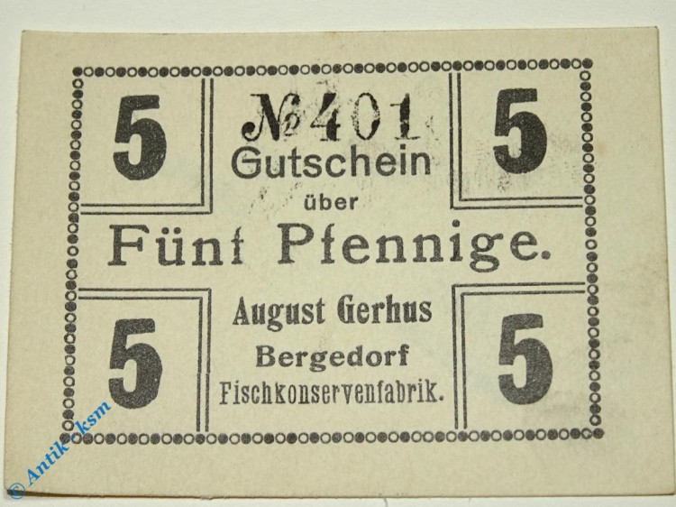 Notgeld Bergedorf , Gerhus , 5 Pfennig Schein , Tieste 0440.25.01.B , Hamburg Verkehrsausgabe