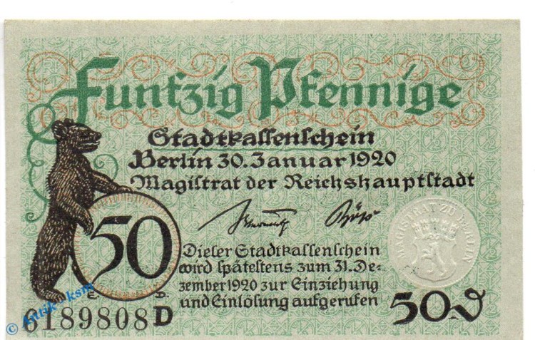 Berlin , 50 Pfennig Schein in kfr. Tieste 0460.245.05 , Brandenburg 1920 Verkehrsausgabe