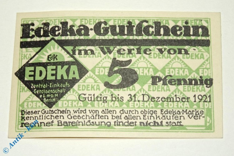 Notgeld Berlin , Edeka , 5 Pfennig Schein 12.1921 , Tieste 0460.075.05 , Brandenburg Verkehrsausgabe