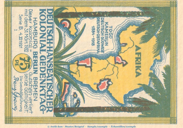 Notgeld Berlin Kolonialpioniere 88.4 , 75 Pf. Nr.1 -vertauschtes Bild- in kfr. von 1921 , Brandenburg Seriennotgeld