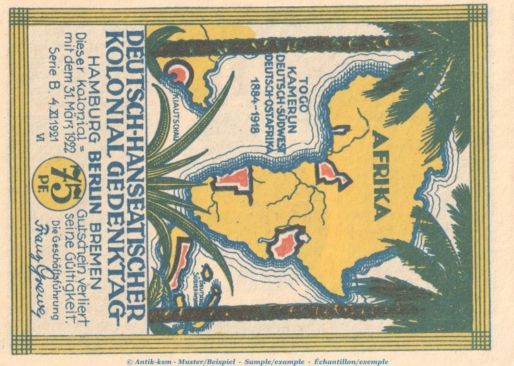 Notgeld Berlin Kolonialpioniere 88.4 , 75 Pf. Nr.6 -vertauschtes Bild- in kfr. von 1921 , Brandenburg Seriennotgeld