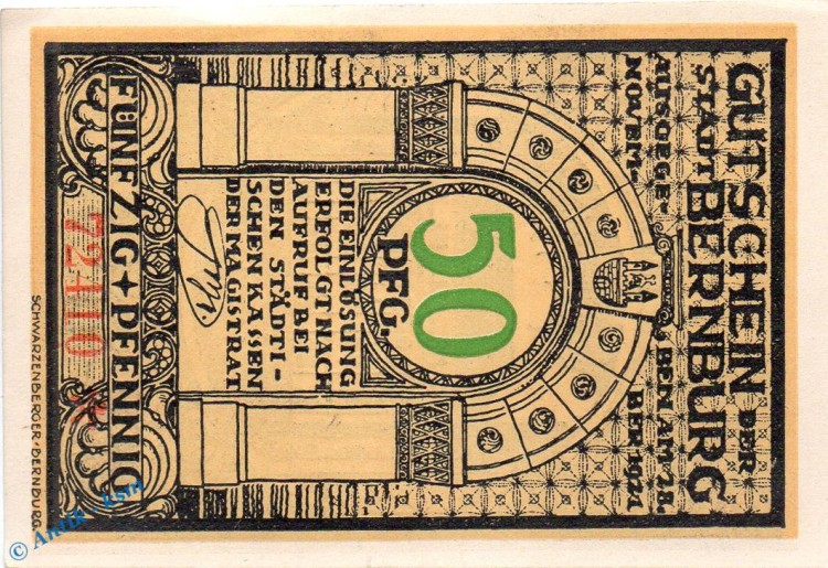 Notgeld Bernburg , 50 Pfennig Schein in kfr. Mehl Grabowski 95.3.a , von 1921 , Sachsen Anhalt Seriennotgeld