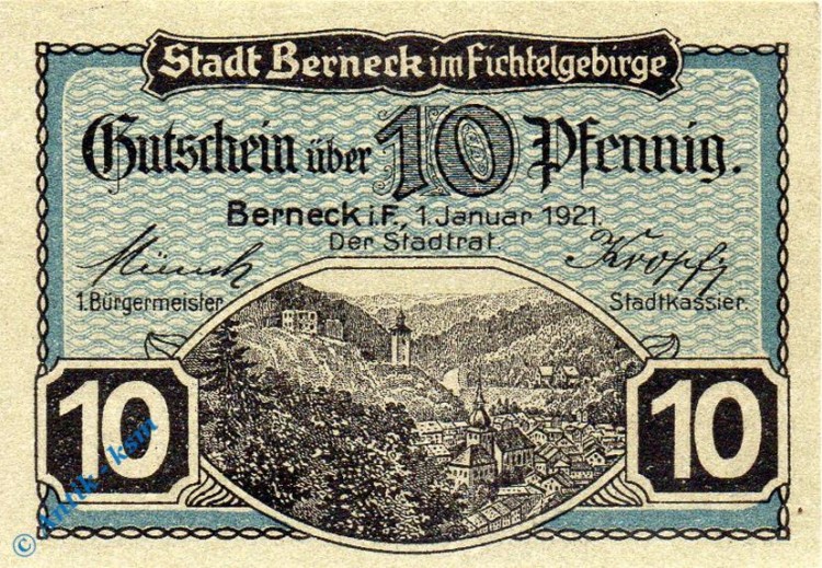 Notgeld Berneck , 10 Pfennig Schein , Groß- und Kleinbuchst. Tieste 0540.05.55 , von 1921 , Bayern Verkehrsausgabe