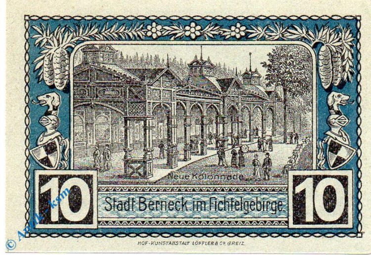 Notgeld Berneck , 10 Pfennig Schein , nur Großbuchst. Tieste 0540.05.50 , von 1921 , Bayern Verkehrsausgabe