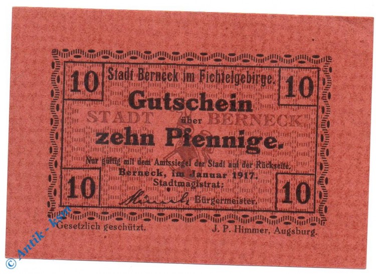 Notgeld Berneck , 10 Pfennig Schein , o. Verfallszeit , Tieste 0540.05.10 , von 1917 , Bayern Verkehrsausgabe