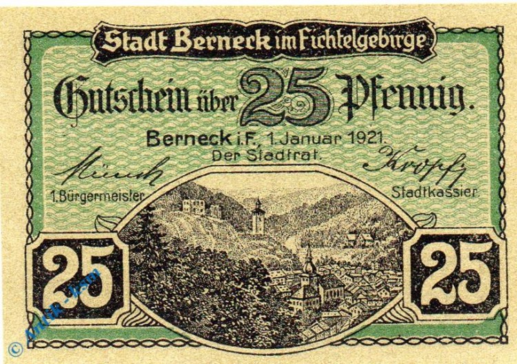 Notgeld Berneck , 25 Pfennig Schein , Groß- und Kleinbuchst. Tieste 0540.05.56 , von 1921 , Bayern Verkehrsausgabe