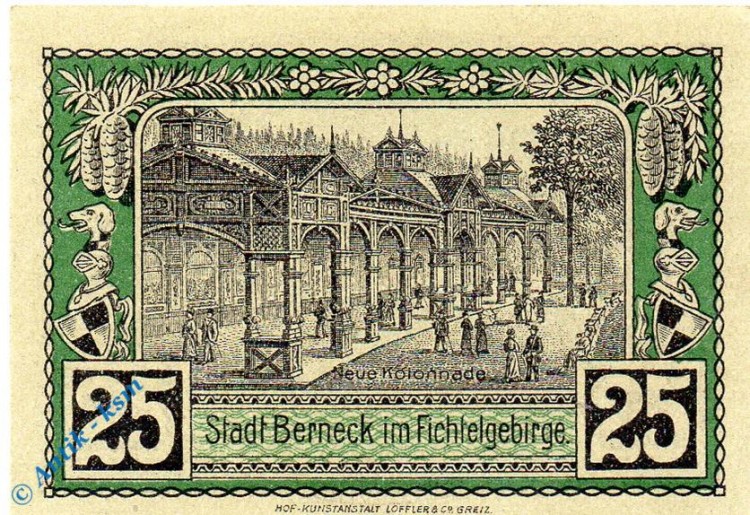 Notgeld Berneck , 25 Pfennig Schein , nur Großbuchst. Tieste 0540.05.51 , von 1921 , Bayern Verkehrsausgabe