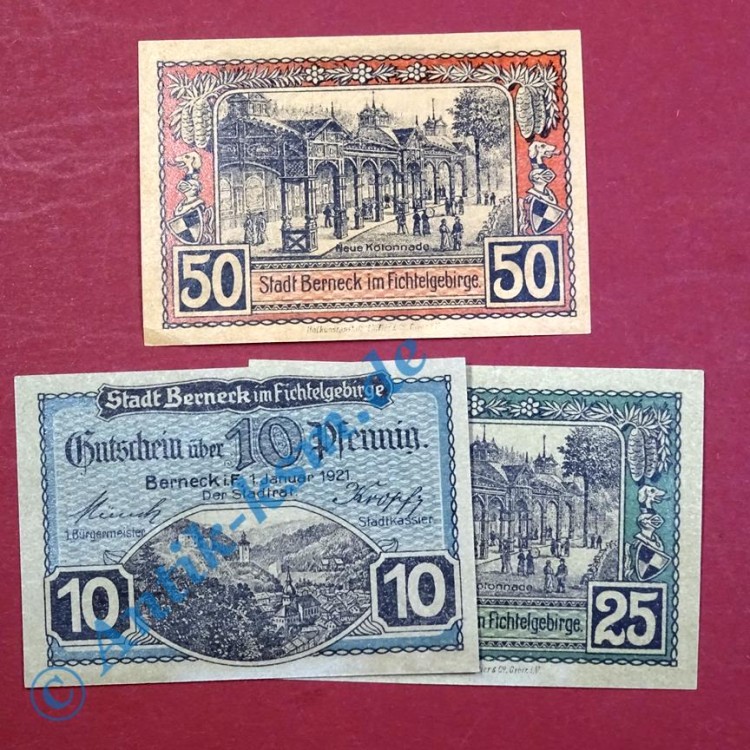 Notgeld Berneck , Satz mit 3 Scheinen , Tieste 0540.55 bis 57 , von 1921 , Bayern Verkehrsausgabe