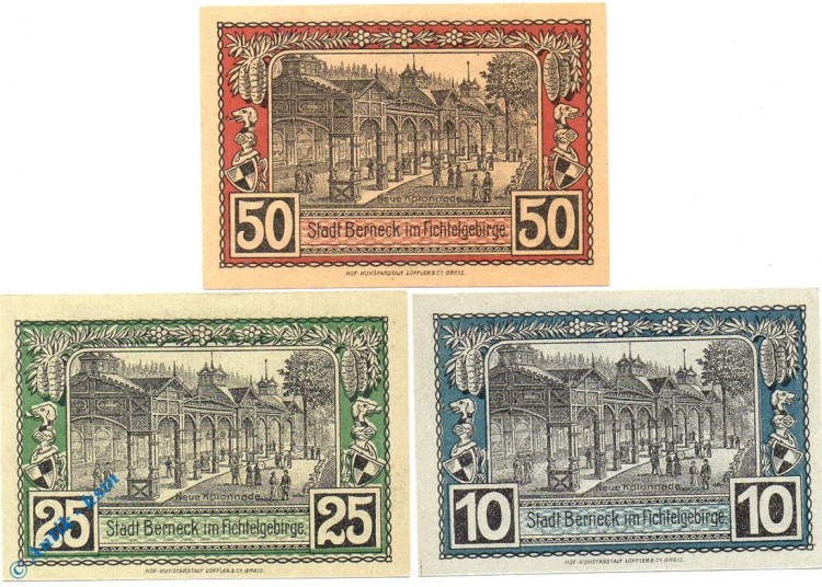 Notgeld Berneck , Set mit 3 Scheinen , nur Großbuchst. Tieste 0540.05.50 bis 52 , von 1921 , Bayern Verkehrsausgabe