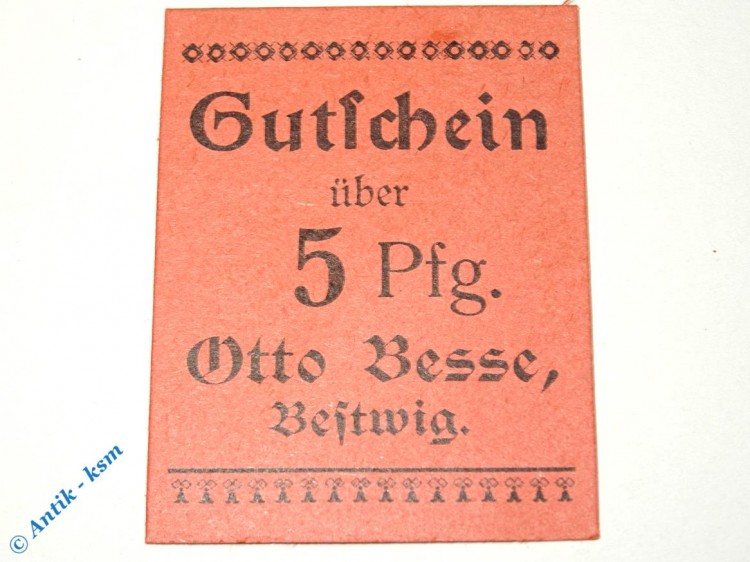 Notgeld Bestwig , Otto Besse , 5 Pfennig Schein , Tieste 0560.05.05 , Westfalen Verkehrsausgabe