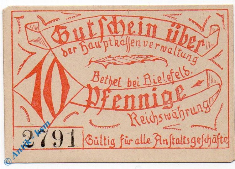 Notgeld Bethel , 10 Pfennig Schein , mit Kn , Tieste 0565.05.06 , Westfalen Verkehrsausgabe