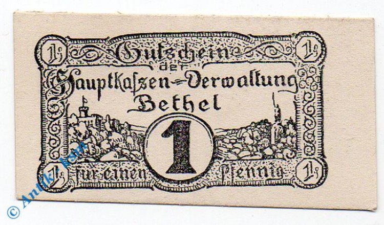 Notgeld Bethel , 1 Pfennig Schein , ohne Kn , Tieste 0565.05.01 , Westfalen Verkehrsausgabe