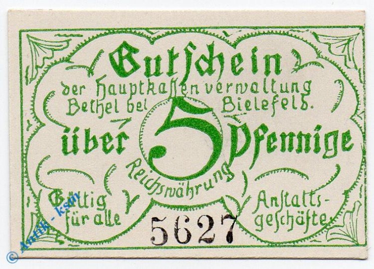 Notgeld Bethel , 5 Pfennig Schein , mit Kn , Tieste 0565.05.05 , Westfalen Verkehrsausgabe