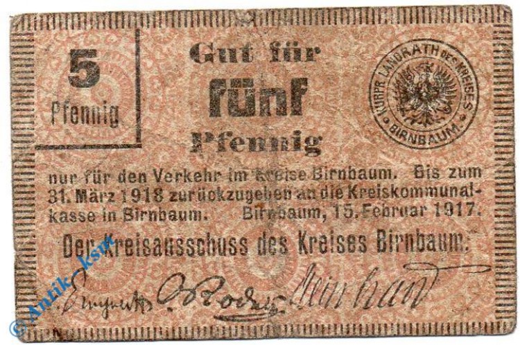 Notgeld Birnbaum , 5 Pfennig Schein gbr , Tieste 0660.05.01 , von 1917 , Posen Verkehrsausgabe