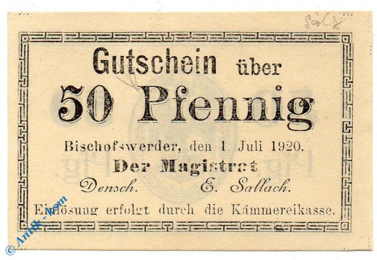Notgeld Bischofswerder , 50 Pfennig Schein , Pf Rs 5,2 mm , Tieste 0685.05.52 , von 1920 , Westpreussen Verkehrsausgabe