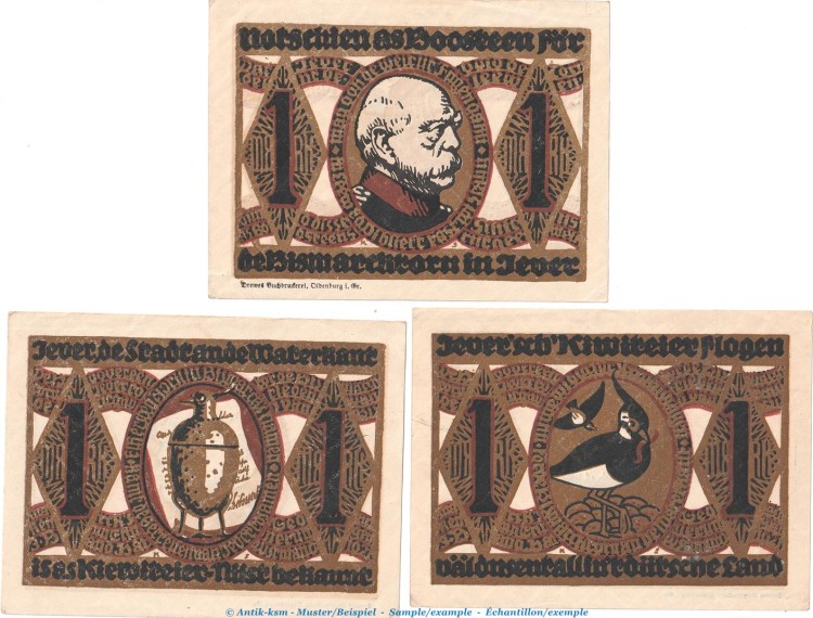 Notgeld Bismarckturm Jever 660.1 , Set mit 3 Scheinen in kfr. o.D. Niedersachsen Seriennotgeld