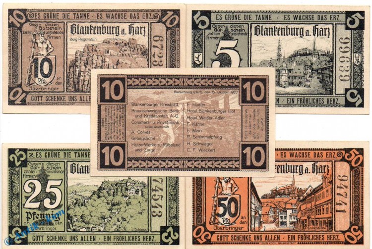 Notgeld Blankenburg , Set mit 5 Scheinen in kfr. Mehl Grabowski 114.1 , von 1920 , Sachsen Anhalt Seriennotgeld