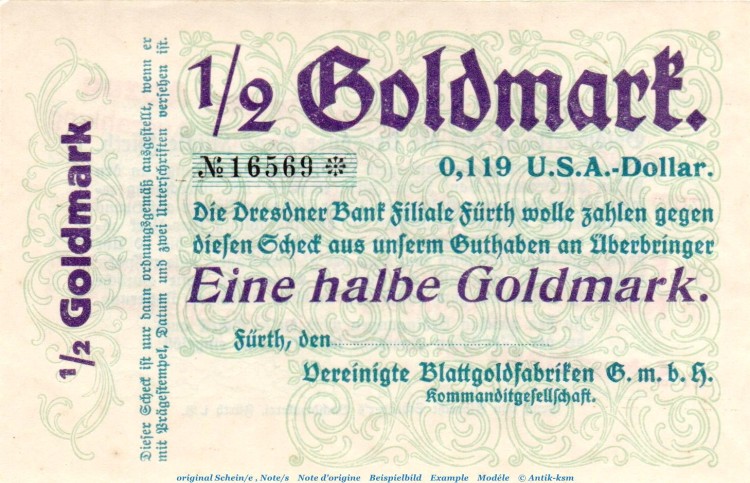 Notgeld Blattgoldfabriken Fürth , 0,50 Goldmark Schein in kfr. Müller 1830.11 o.D. , Bayern Wertbeständig