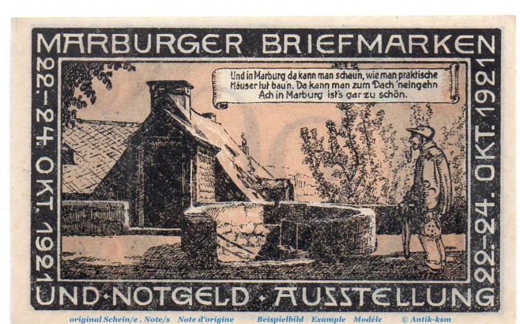 Notgeld Bm. und Ng. Ausstellung Marburg 867.2 , 50 Pfennig Schein in kfr. von 1921 , Hessen Seriennotgeld