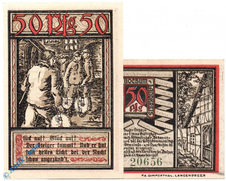 Notgeld Bochum , 50 Pfennig Schein Nr 1 , Kn = grün , Mehl Grabowski 127.1 b , von 1921 , Westfalen Seriennotgeld