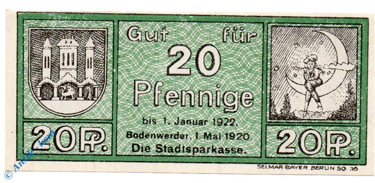 Bodenwerder , Notgeld 20 Pfennig Schein unc-kfr Ti.0800.05.090 ,  Niedersachsen 1920 Verkehrsausgabe