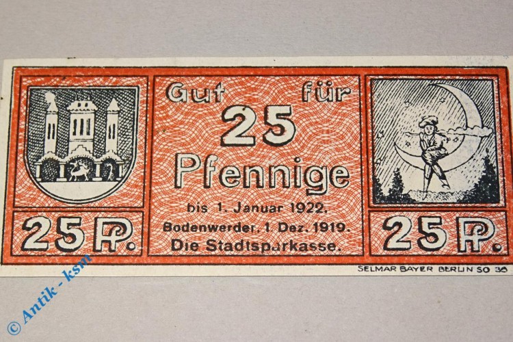 Notgeld Bodenwerder , 25 Pfennig Schein , Tieste 0800.05.070 , von 1919 , Niedersachsen Verkehrsausgabe