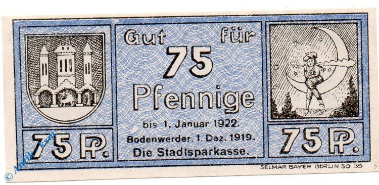Notgeld Bodenwerder , 75 Pfennig Schein , o. Kennummer , Tieste 0800.05.072.1 , von 1919 , Niedersachsen Verkehrsausgabe
