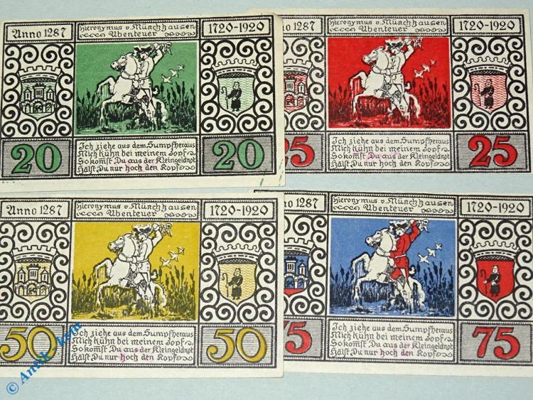 Notgeld Bodenwerder , Set mit 4 Scheinen , Tieste 0800.05.095 bis 098 , von 1920 , Niedersachsen Verkehrsausgabe