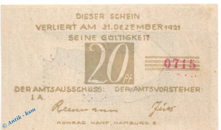 Notgeld Brande Hörnerkirchen , bis 1921 , 20 Pfennig Schein in kfr. Mehl Grabowski 152.1 , Schleswig Holstein Seriennotgeld