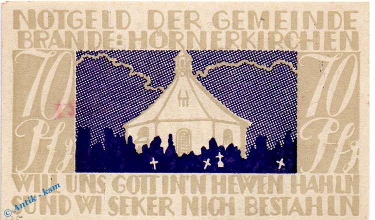 Notgeld Brande Hörnerkirchen , bis 1921 , 70 Pfennig Schein in kfr. Mehl Grabowski 152.1 , Schleswig Holstein SeriennotgeldNotgeld Brande Hörnerkirchen , bis 1921 , 70 Pfennig Schein in kfr. Mehl Grabowski 152.1 , Schleswig Holstein Seriennotgeld