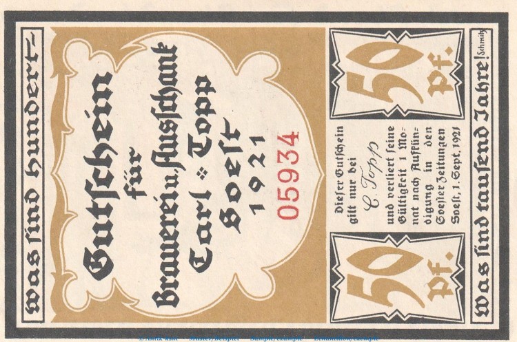 Notgeld Brauerei Carl Topp 820.1.b , 50 Pfennig Schein in kfr. von 1920 , Westfalen Seriennotgeld