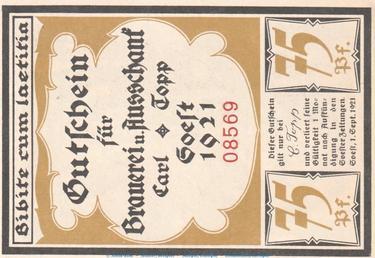Notgeld Brauerei Carl Topp 820.1.c , 75 Pfennig Schein in kfr. von 1920 , Westfalen Seriennotgeld