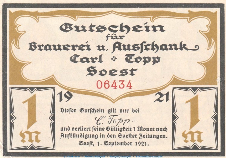 Notgeld Brauerei Carl Topp 820.1.d , 1 Mark Schein in kfr. von 1920 , Westfalen Seriennotgeld