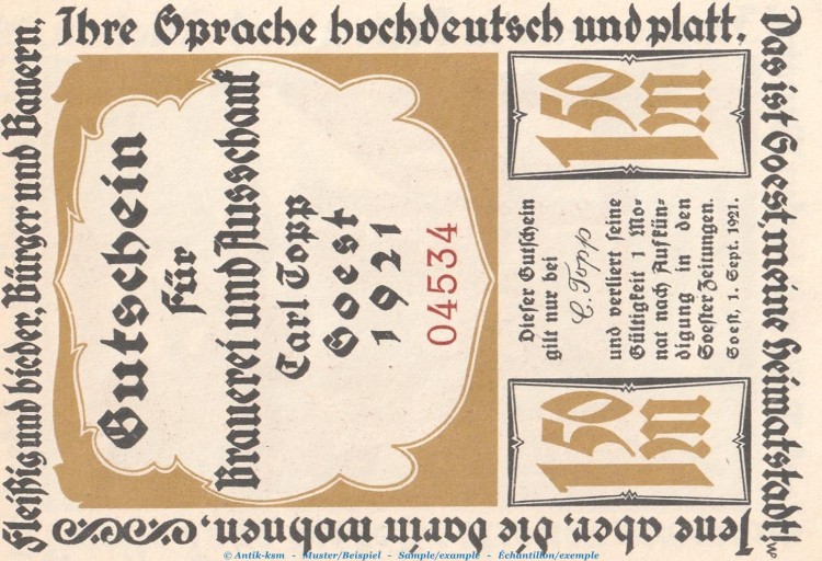 Notgeld Brauerei Carl Topp 820.1.e , 1,50 Mark Schein in kfr. von 1920 , Westfalen Seriennotgeld