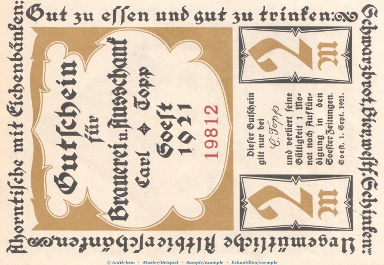 Notgeld Brauerei Carl Topp 820.1.f , 2 Mark Schein in kfr. von 1920 , Westfalen Seriennotgeld