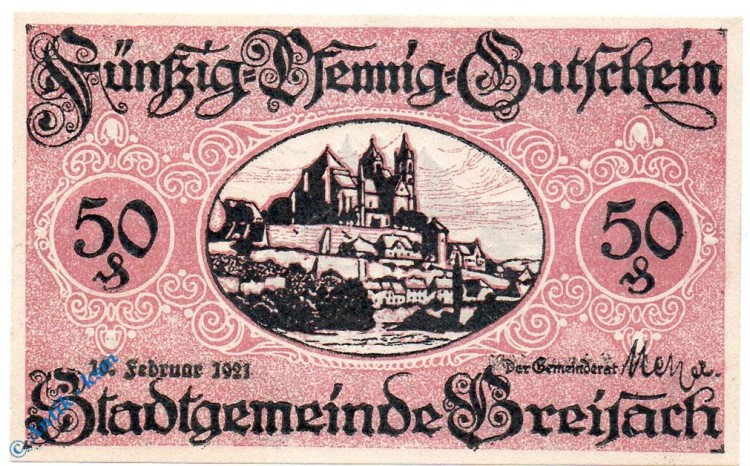 Notgeld Breisach , 50 Pfennig Schein , Tieste 0885.05.55 , von 1921 , Baden Verkehrsausgabe