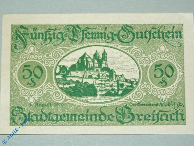 Notgeld Breisach , Einzelschein über 50 Pfennig , Tieste 0885.05.30 , Baden Verkehrsausgabe
