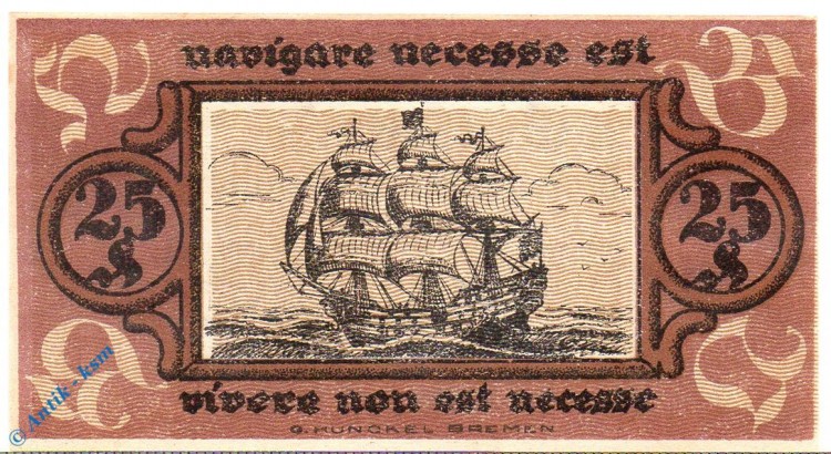 Notgeld Bremen , Hafenbetriebsverein , 25 Pfennig Schein , Mehl Grabowski 170.1 , von 1921 , Niedersachsen Seriennotgeld