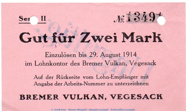 Notgeld Bremer Vulkan Vegesack , 2 Mark Schein in kfr.E , Dießner 412.4 o.D. Bremen Notgeld 1914-15