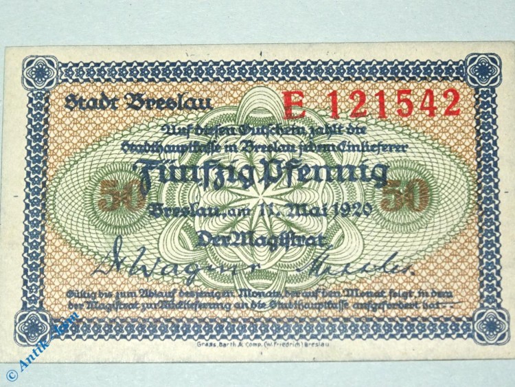 Notgeld Breslau , 50 Pfennig Schein E , Tieste 0915.115.25 , von 1918 , Schlesien Verkehrsausgabe