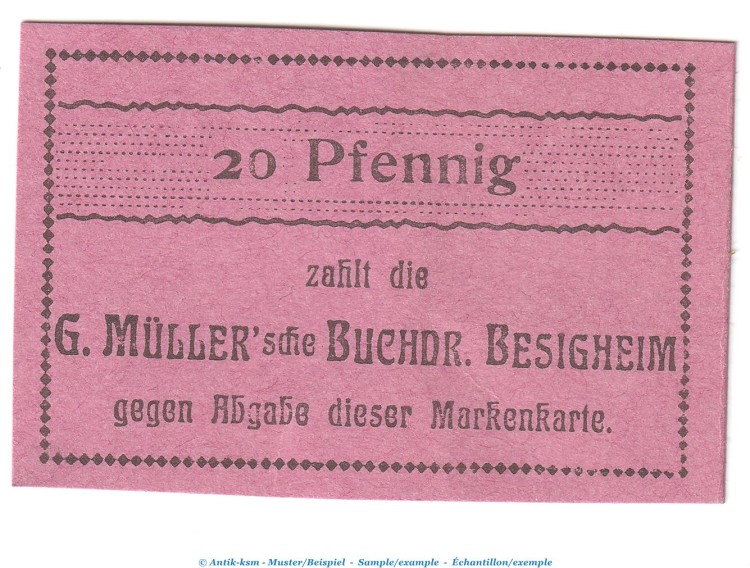 Notgeld Buchdruckerei Besigheim , 20 Pfennig Schein in kfr. Tieste 0555.05.04 o.D. Württemberg Verkehrsausgabe